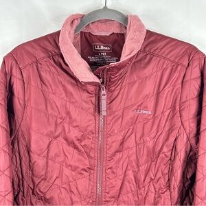 LL Bean Womens Primaloft Quilted Jacket Size Large Petite Full Zip Fleece Red